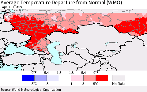 Russian Federation Average Temperature Departure from Normal (WMO) Thematic Map For 4/1/2024 - 4/7/2024