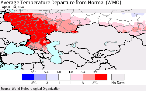 Russian Federation Average Temperature Departure from Normal (WMO) Thematic Map For 4/8/2024 - 4/14/2024