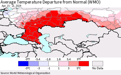 Russian Federation Average Temperature Departure from Normal (WMO) Thematic Map For 4/15/2024 - 4/21/2024