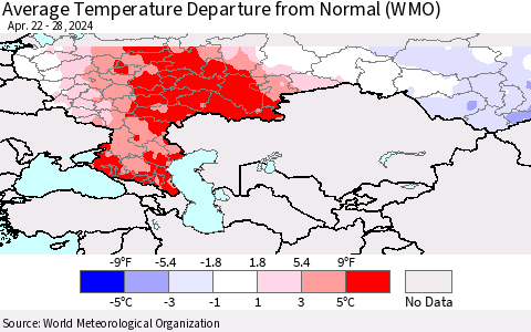 Russian Federation Average Temperature Departure from Normal (WMO) Thematic Map For 4/22/2024 - 4/28/2024