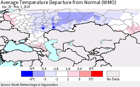 Russian Federation Average Temperature Departure from Normal (WMO) Thematic Map For 4/29/2024 - 5/5/2024