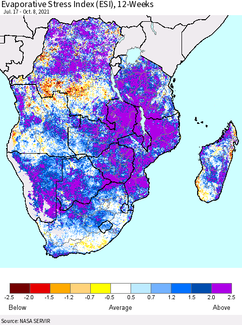 Southern Africa Evaporative Stress Index (ESI), 12-Weeks Thematic Map For 10/4/2021 - 10/10/2021