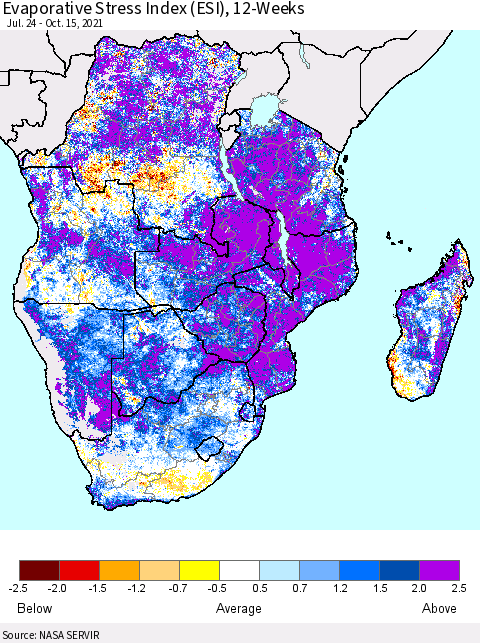 Southern Africa Evaporative Stress Index (ESI), 12-Weeks Thematic Map For 10/11/2021 - 10/17/2021