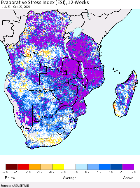 Southern Africa Evaporative Stress Index (ESI), 12-Weeks Thematic Map For 10/18/2021 - 10/24/2021