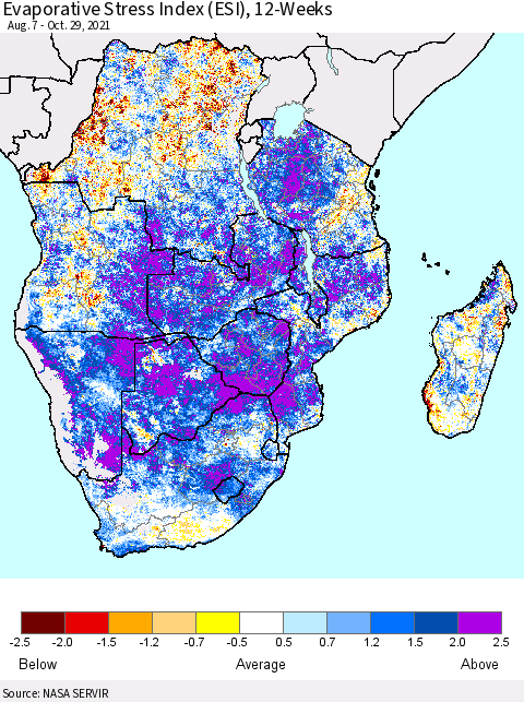 Southern Africa Evaporative Stress Index (ESI), 12-Weeks Thematic Map For 10/25/2021 - 10/31/2021