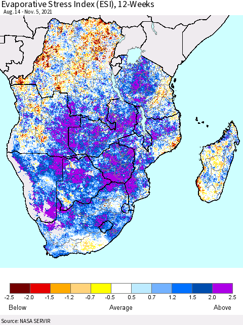 Southern Africa Evaporative Stress Index (ESI), 12-Weeks Thematic Map For 11/1/2021 - 11/7/2021