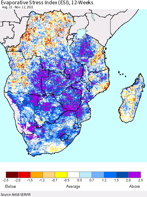 Southern Africa Evaporative Stress Index (ESI), 12-Weeks Thematic Map For 11/8/2021 - 11/14/2021
