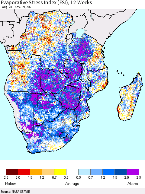 Southern Africa Evaporative Stress Index (ESI), 12-Weeks Thematic Map For 11/15/2021 - 11/21/2021