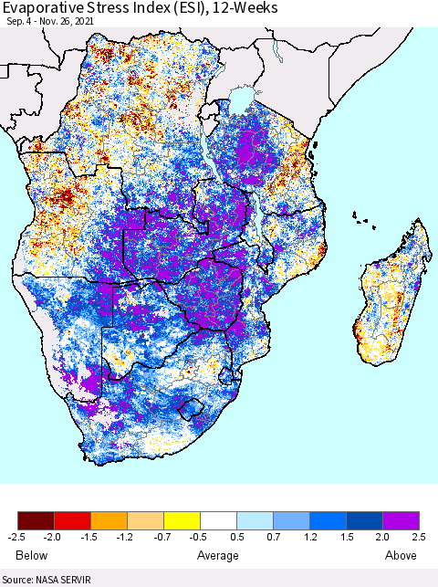 Southern Africa Evaporative Stress Index (ESI), 12-Weeks Thematic Map For 11/22/2021 - 11/28/2021