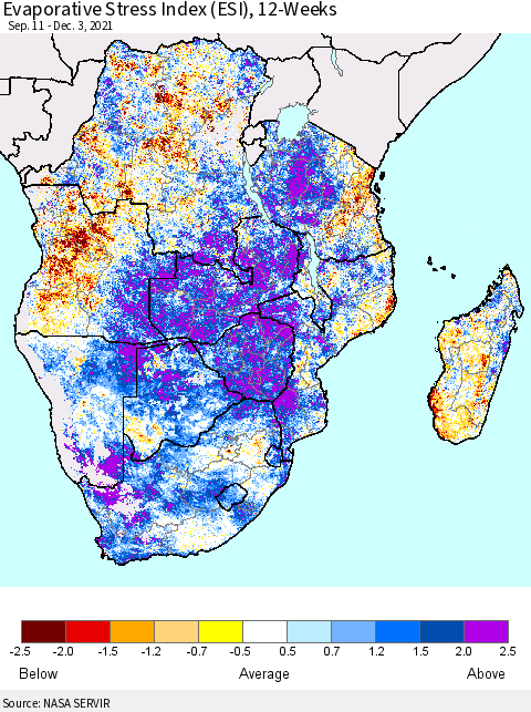 Southern Africa Evaporative Stress Index (ESI), 12-Weeks Thematic Map For 11/29/2021 - 12/5/2021