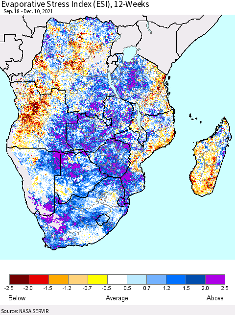 Southern Africa Evaporative Stress Index (ESI), 12-Weeks Thematic Map For 12/6/2021 - 12/12/2021