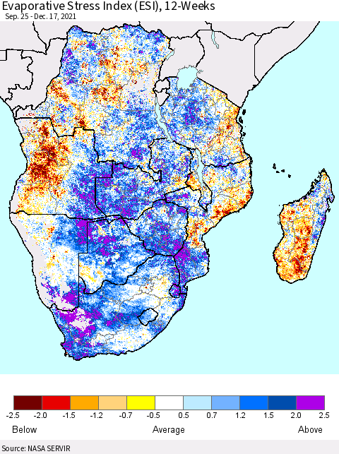Southern Africa Evaporative Stress Index (ESI), 12-Weeks Thematic Map For 12/13/2021 - 12/19/2021