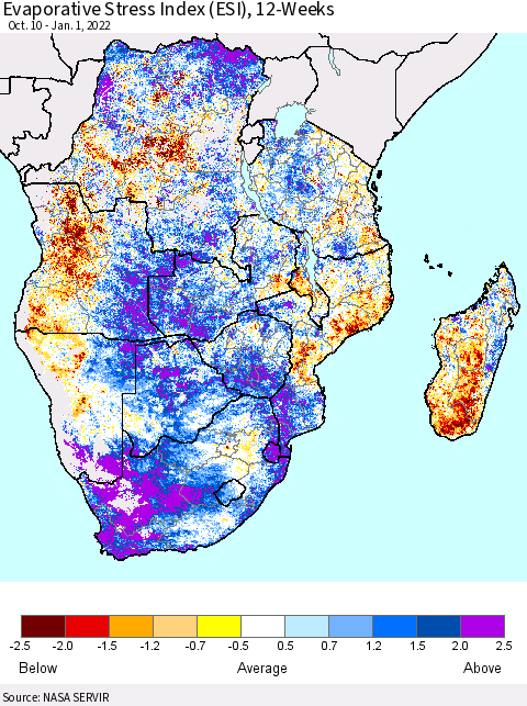 Southern Africa Evaporative Stress Index (ESI), 12-Weeks Thematic Map For 12/27/2021 - 1/2/2022