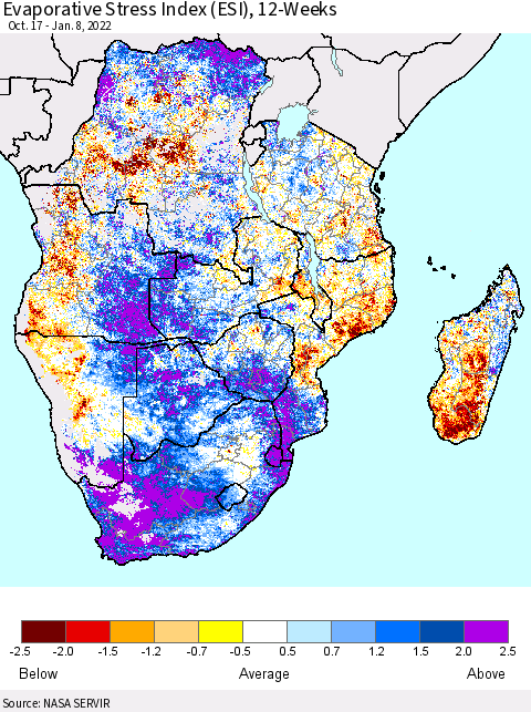 Southern Africa Evaporative Stress Index (ESI), 12-Weeks Thematic Map For 1/3/2022 - 1/9/2022