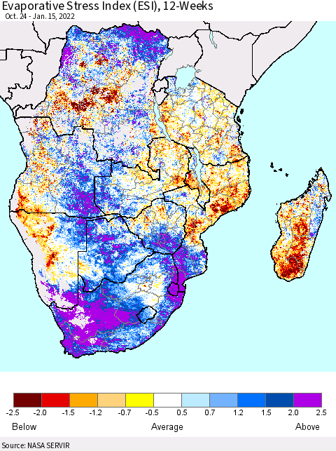 Southern Africa Evaporative Stress Index (ESI), 12-Weeks Thematic Map For 1/10/2022 - 1/16/2022