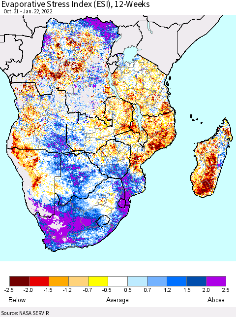 Southern Africa Evaporative Stress Index (ESI), 12-Weeks Thematic Map For 1/17/2022 - 1/23/2022