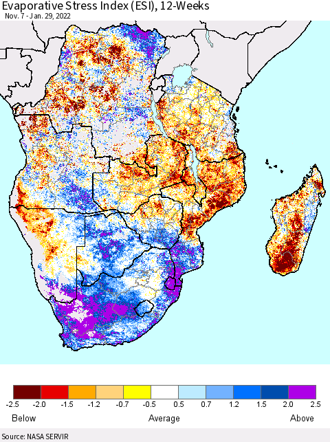 Southern Africa Evaporative Stress Index (ESI), 12-Weeks Thematic Map For 1/24/2022 - 1/30/2022