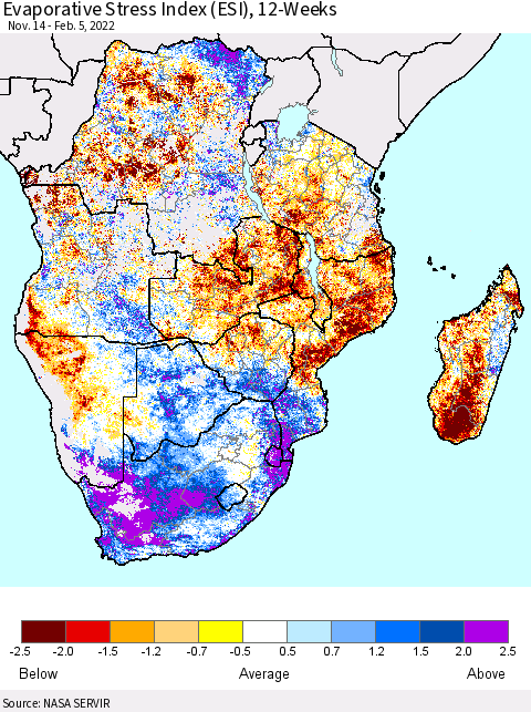 Southern Africa Evaporative Stress Index (ESI), 12-Weeks Thematic Map For 1/31/2022 - 2/6/2022