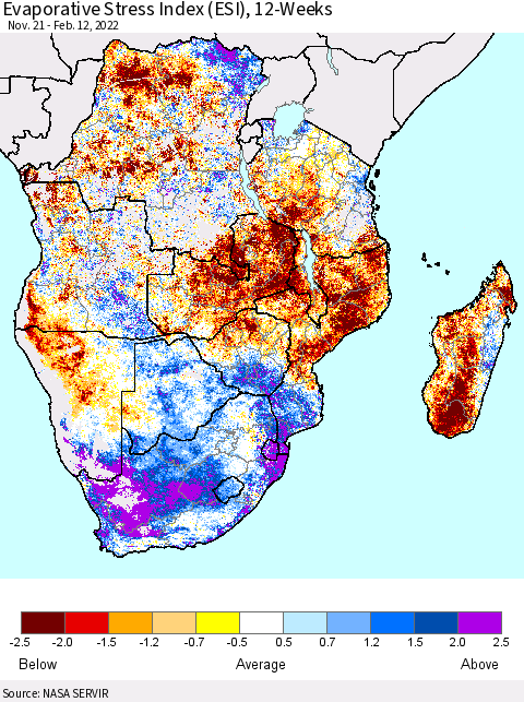 Southern Africa Evaporative Stress Index (ESI), 12-Weeks Thematic Map For 2/7/2022 - 2/13/2022