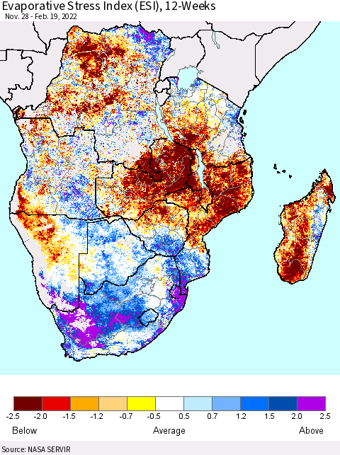 Southern Africa Evaporative Stress Index (ESI), 12-Weeks Thematic Map For 2/14/2022 - 2/20/2022