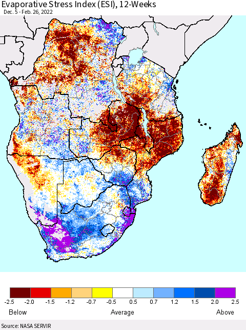 Southern Africa Evaporative Stress Index (ESI), 12-Weeks Thematic Map For 2/21/2022 - 2/27/2022