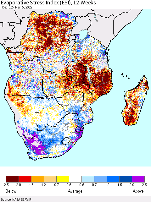 Southern Africa Evaporative Stress Index (ESI), 12-Weeks Thematic Map For 2/28/2022 - 3/6/2022