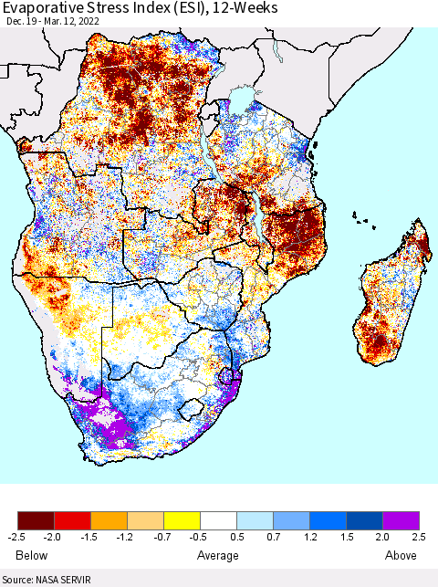 Southern Africa Evaporative Stress Index (ESI), 12-Weeks Thematic Map For 3/7/2022 - 3/13/2022