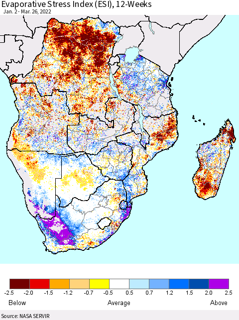 Southern Africa Evaporative Stress Index (ESI), 12-Weeks Thematic Map For 3/21/2022 - 3/27/2022