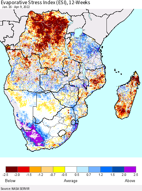 Southern Africa Evaporative Stress Index (ESI), 12-Weeks Thematic Map For 4/4/2022 - 4/10/2022