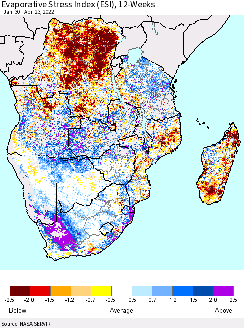 Southern Africa Evaporative Stress Index (ESI), 12-Weeks Thematic Map For 4/18/2022 - 4/24/2022