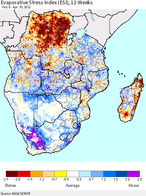 Southern Africa Evaporative Stress Index (ESI), 12-Weeks Thematic Map For 4/25/2022 - 5/1/2022