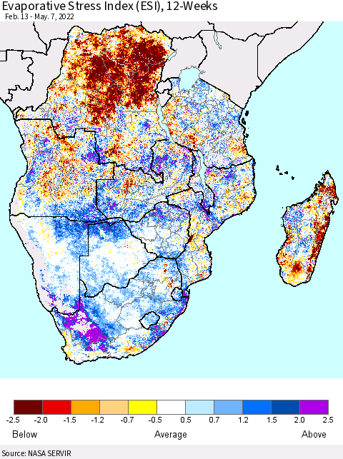 Southern Africa Evaporative Stress Index (ESI), 12-Weeks Thematic Map For 5/2/2022 - 5/8/2022