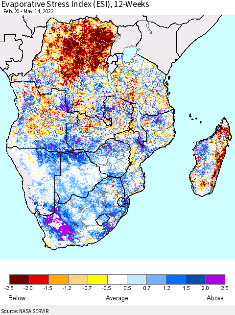 Southern Africa Evaporative Stress Index (ESI), 12-Weeks Thematic Map For 5/9/2022 - 5/15/2022