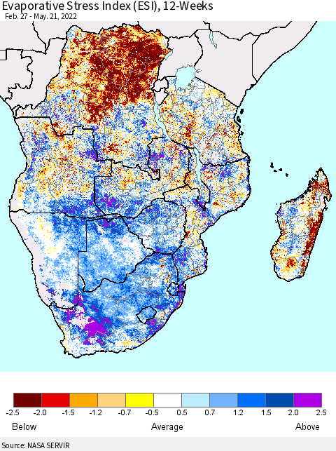 Southern Africa Evaporative Stress Index (ESI), 12-Weeks Thematic Map For 5/16/2022 - 5/22/2022