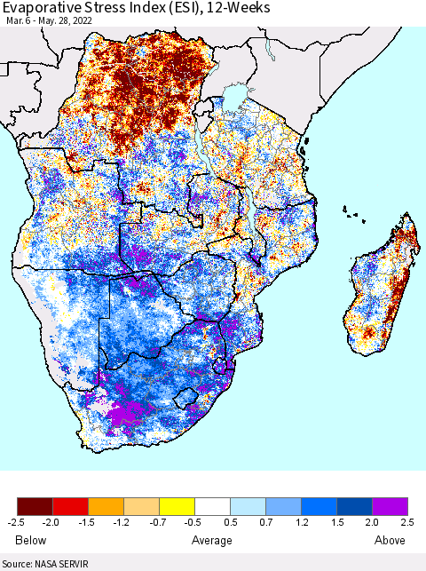 Southern Africa Evaporative Stress Index (ESI), 12-Weeks Thematic Map For 5/23/2022 - 5/29/2022