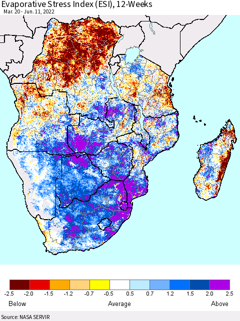 Southern Africa Evaporative Stress Index (ESI), 12-Weeks Thematic Map For 6/6/2022 - 6/12/2022