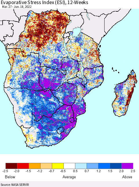 Southern Africa Evaporative Stress Index (ESI), 12-Weeks Thematic Map For 6/13/2022 - 6/19/2022