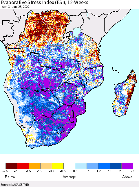 Southern Africa Evaporative Stress Index (ESI), 12-Weeks Thematic Map For 6/20/2022 - 6/26/2022
