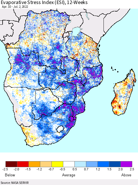 Southern Africa Evaporative Stress Index (ESI), 12-Weeks Thematic Map For 6/27/2022 - 7/3/2022