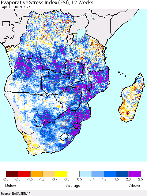 Southern Africa Evaporative Stress Index (ESI), 12-Weeks Thematic Map For 7/4/2022 - 7/10/2022