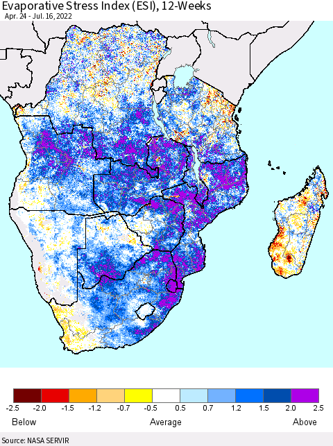 Southern Africa Evaporative Stress Index (ESI), 12-Weeks Thematic Map For 7/11/2022 - 7/17/2022