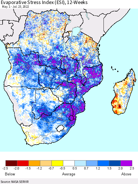 Southern Africa Evaporative Stress Index (ESI), 12-Weeks Thematic Map For 7/18/2022 - 7/24/2022