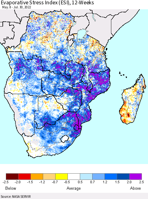 Southern Africa Evaporative Stress Index (ESI), 12-Weeks Thematic Map For 7/25/2022 - 7/31/2022