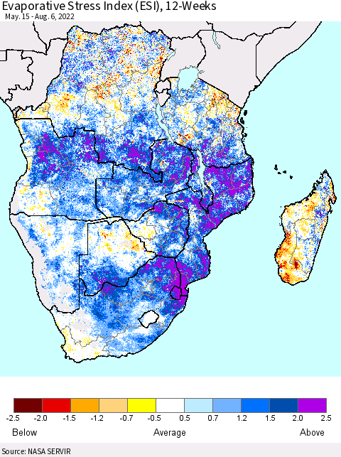 Southern Africa Evaporative Stress Index (ESI), 12-Weeks Thematic Map For 8/1/2022 - 8/7/2022