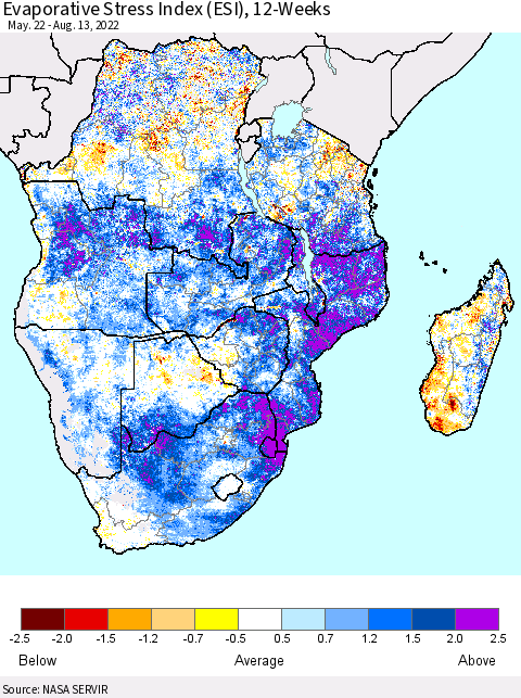 Southern Africa Evaporative Stress Index (ESI), 12-Weeks Thematic Map For 8/8/2022 - 8/14/2022