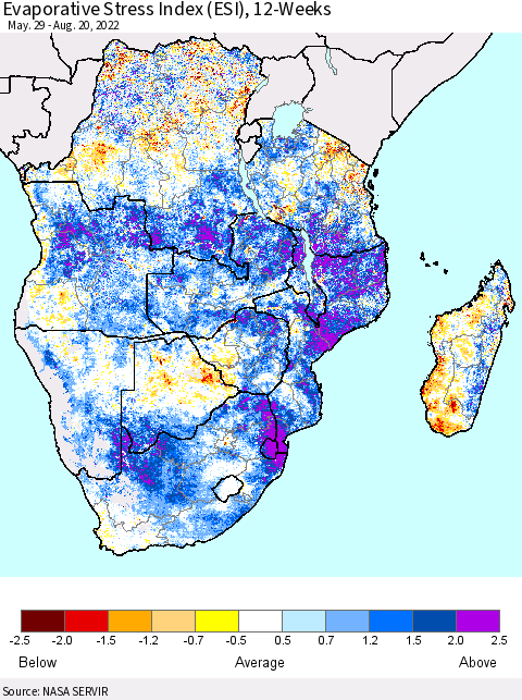 Southern Africa Evaporative Stress Index (ESI), 12-Weeks Thematic Map For 8/15/2022 - 8/21/2022