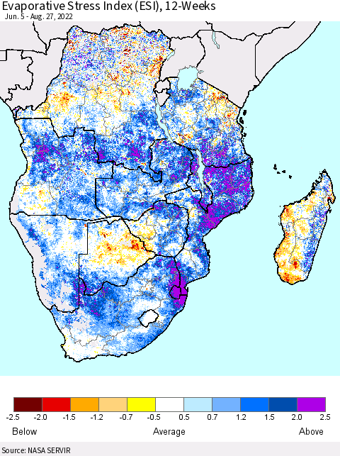 Southern Africa Evaporative Stress Index (ESI), 12-Weeks Thematic Map For 8/22/2022 - 8/28/2022