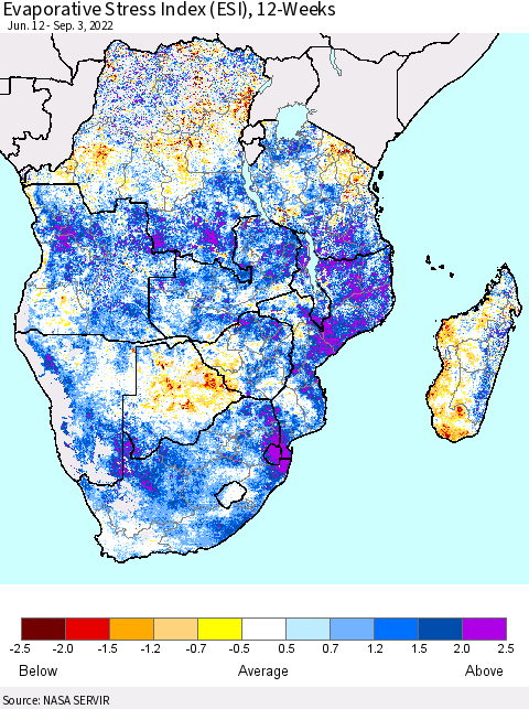 Southern Africa Evaporative Stress Index (ESI), 12-Weeks Thematic Map For 8/29/2022 - 9/4/2022
