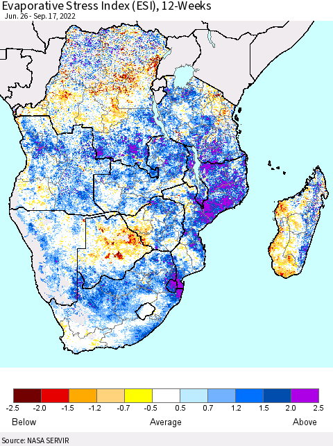 Southern Africa Evaporative Stress Index (ESI), 12-Weeks Thematic Map For 9/12/2022 - 9/18/2022