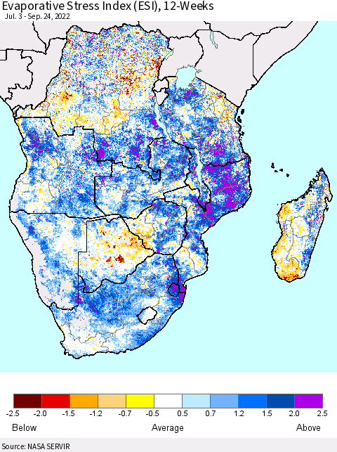 Southern Africa Evaporative Stress Index (ESI), 12-Weeks Thematic Map For 9/19/2022 - 9/25/2022